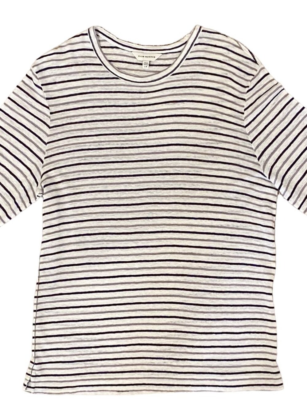 Club Monaco Linen Striped White, Gray, Black Long Sleeved Tee L Casual Classic